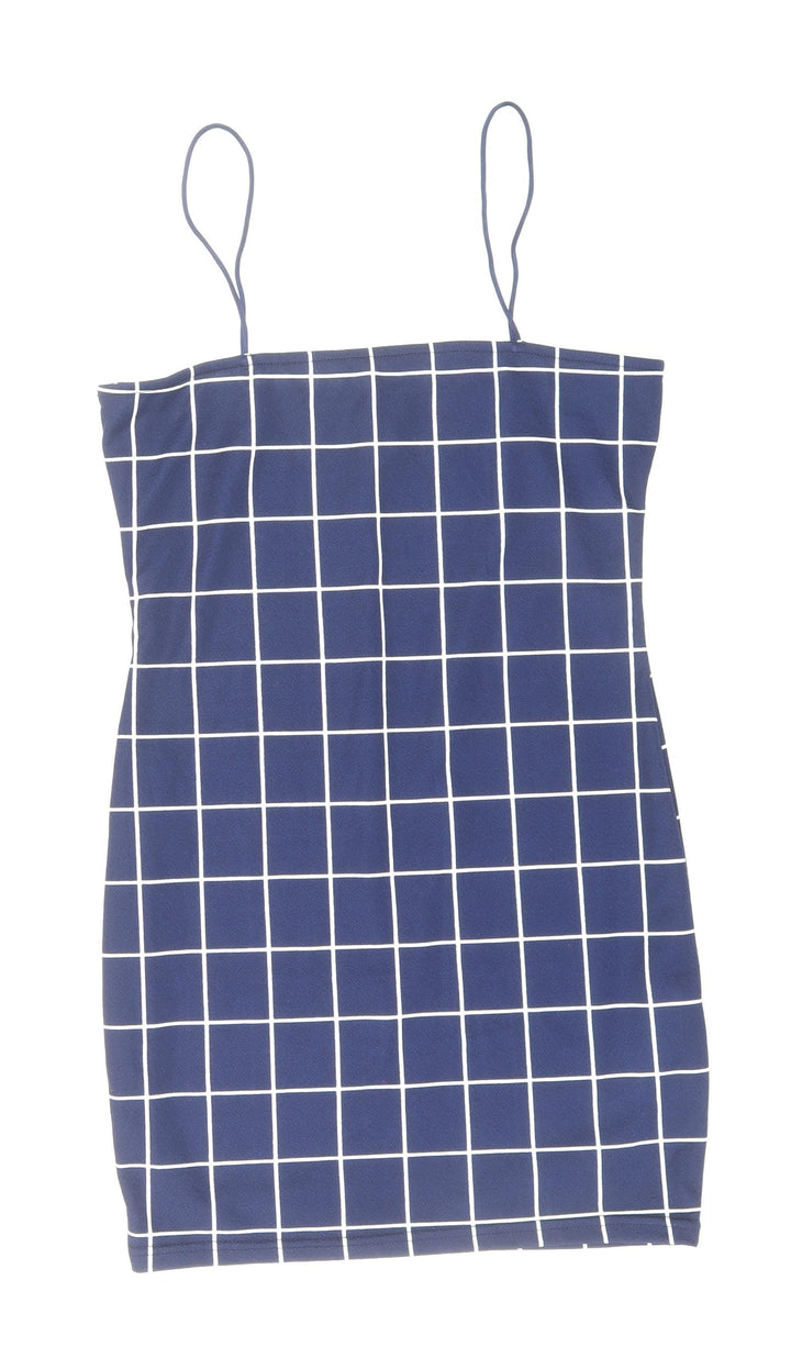 Zaful Womens Blue Check Polyester Mini Size M Square Neck Pullover