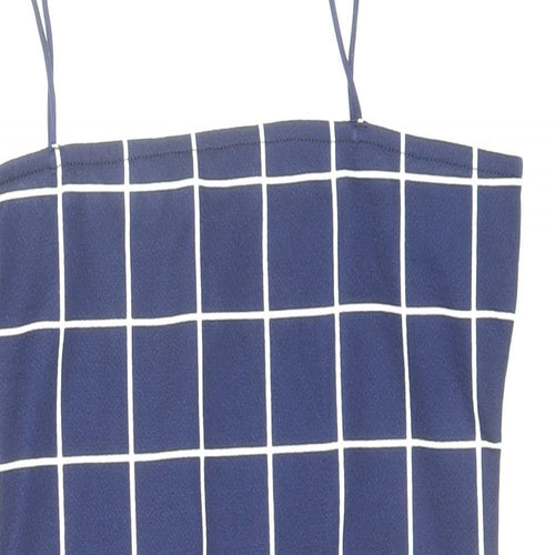 Zaful Womens Blue Check Polyester Mini Size M Square Neck Pullover