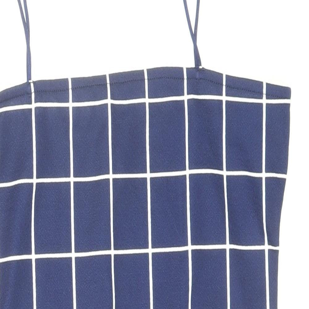 Zaful Womens Blue Check Polyester Mini Size M Square Neck Pullover