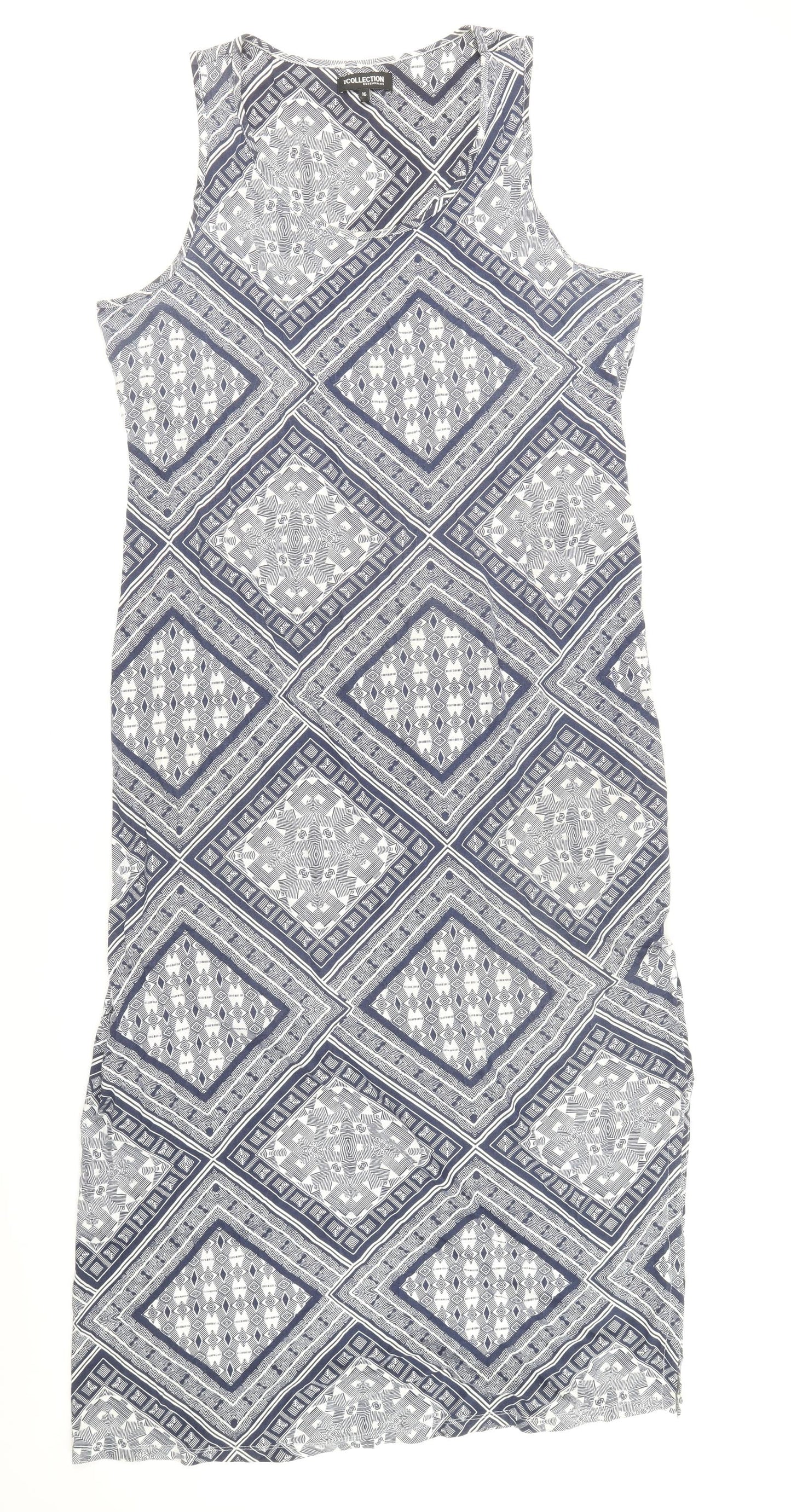 Debenhams Womens Blue Geometric 100% Cotton Maxi Size 16 Scoop Neck Pullover