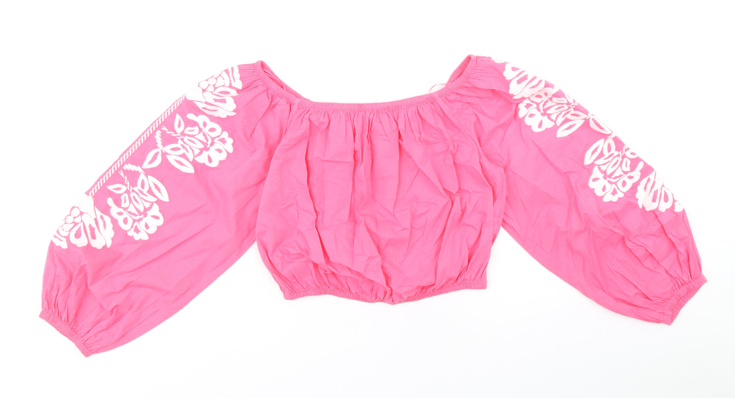 Marks and Spencer Womens Pink 100% Cotton Cropped Blouse Size 12 Off the Shoulder - Bardot