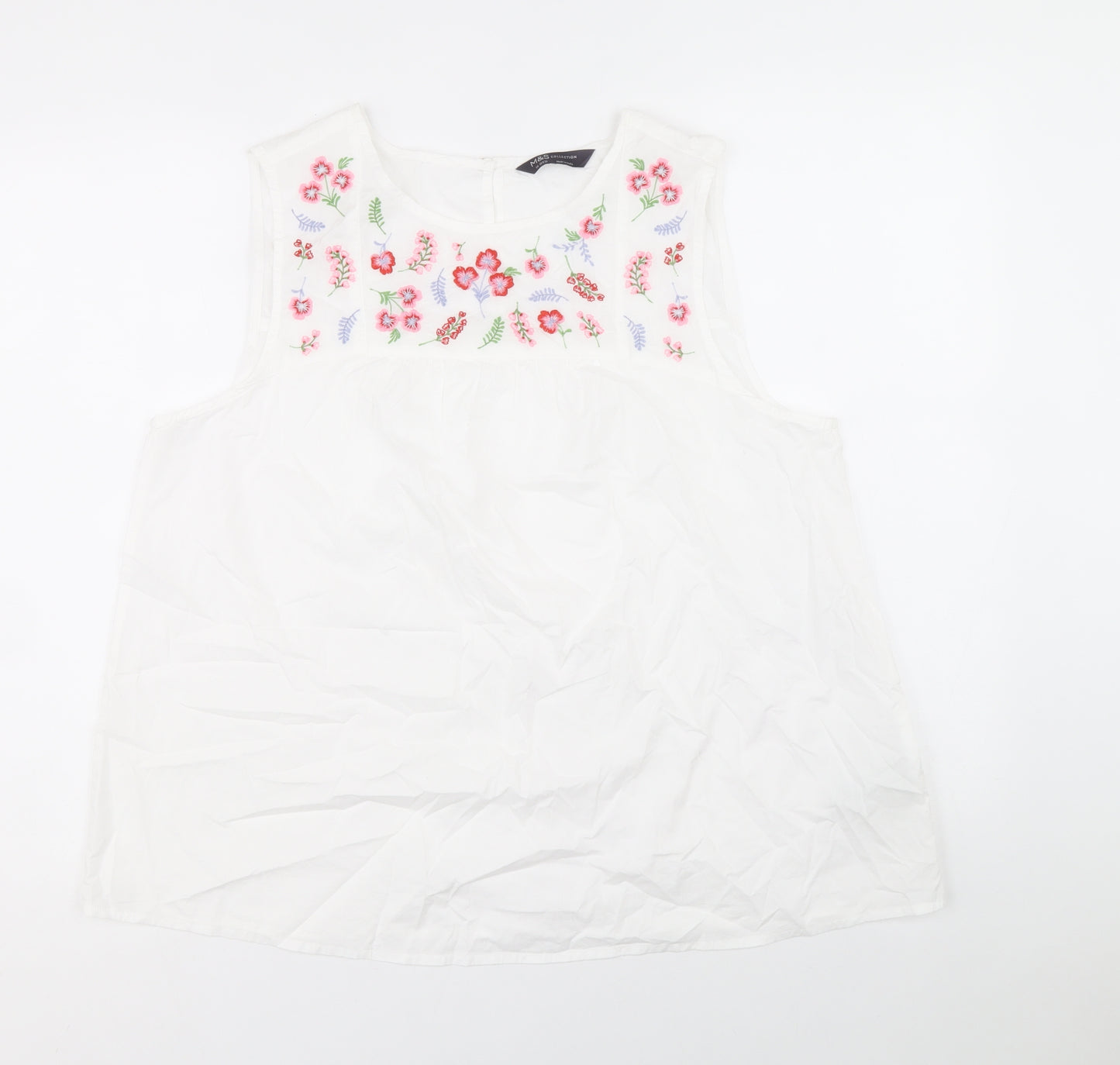 Marks and Spencer Womens White Floral Cotton Basic Tank Size 16 Scoop Neck