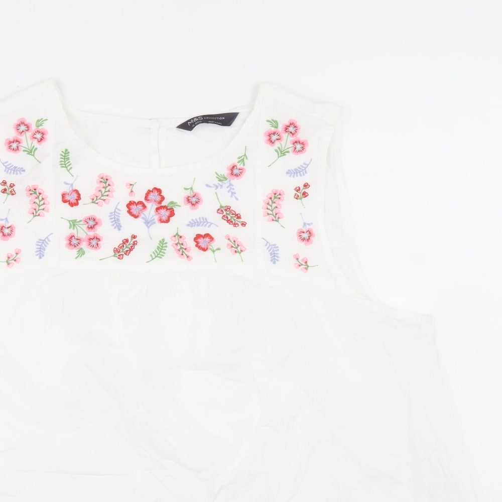 Marks and Spencer Womens White Floral Cotton Basic Tank Size 16 Scoop Neck