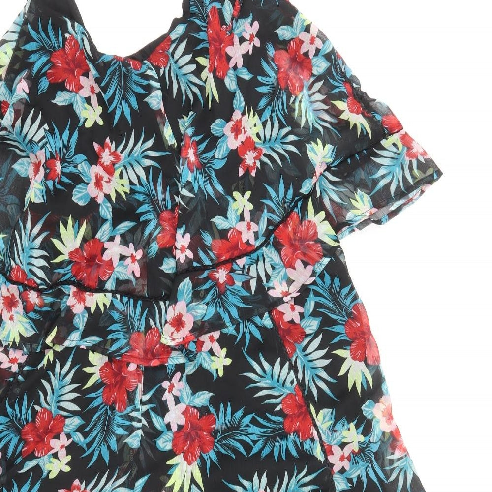 Boohoo Womens Black Floral Polyester Mini Size 16 V-Neck Zip