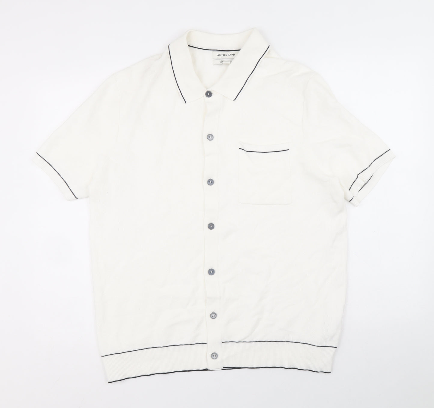 Autograph Mens White Collared Cotton Cardigan Jumper Size L