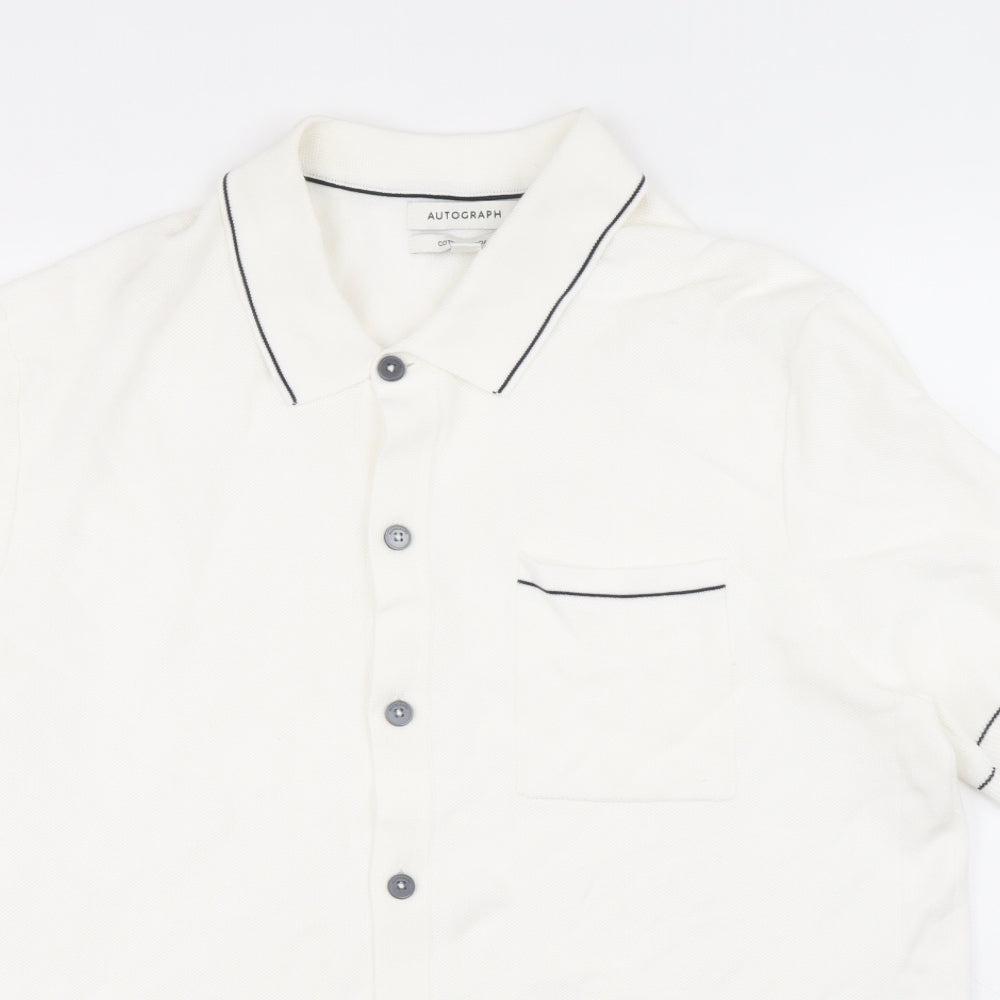 Autograph Mens White Collared Cotton Cardigan Jumper Size L