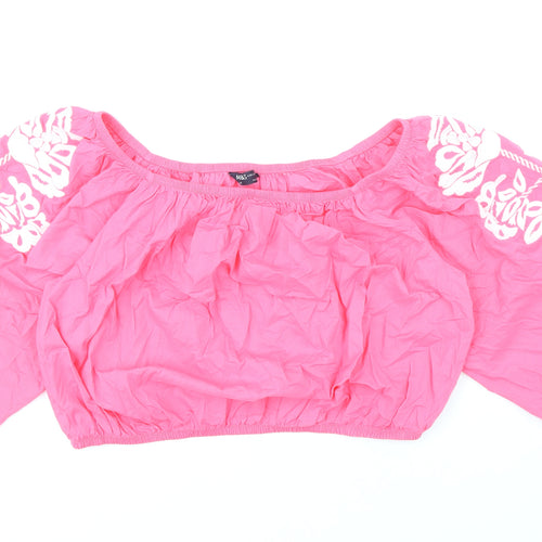 Marks and Spencer Womens Pink 100% Cotton Cropped Blouse Size 18 Boat Neck - Flower Detail