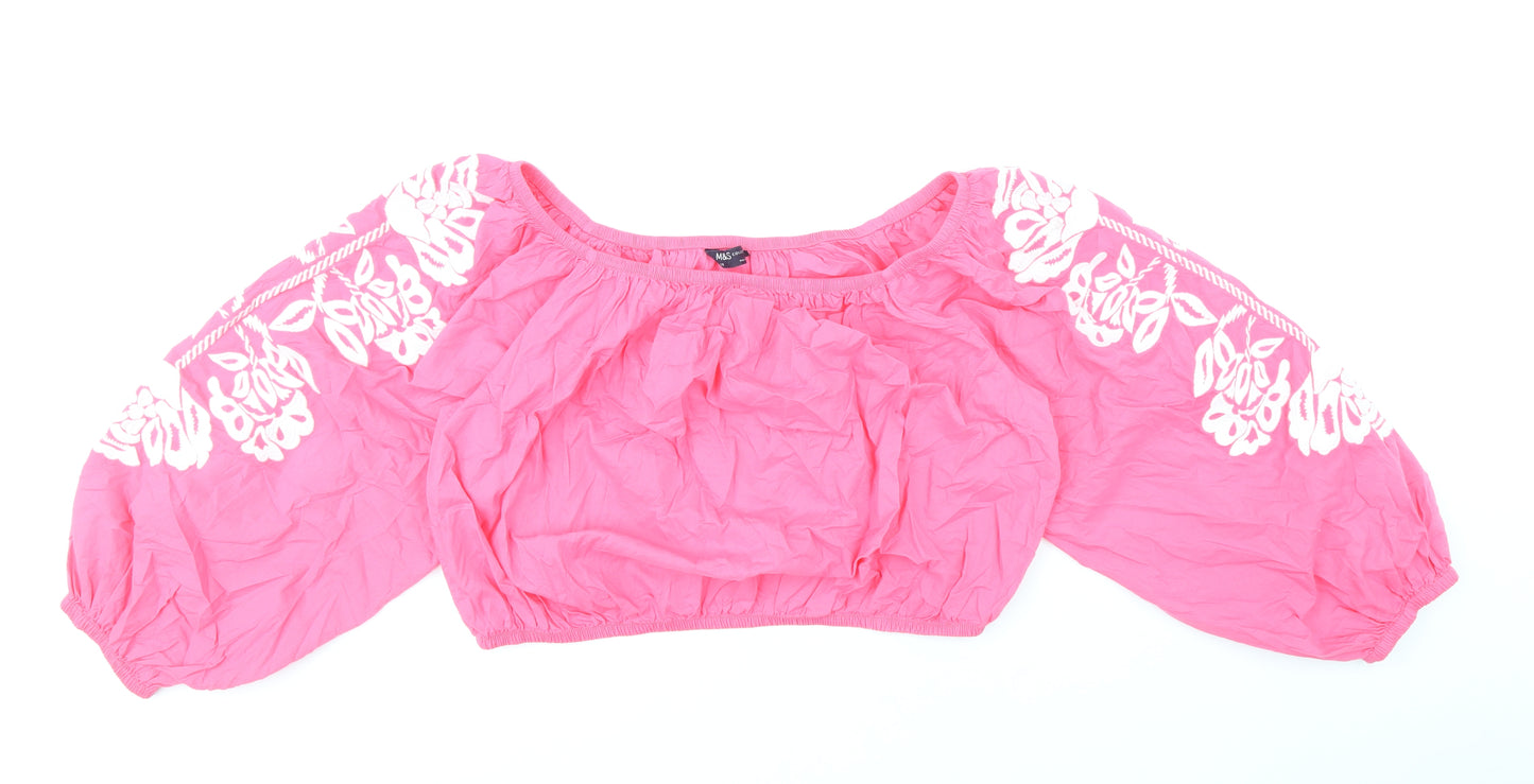 Marks and Spencer Womens Pink 100% Cotton Cropped Blouse Size 18 Boat Neck - Flower Detail