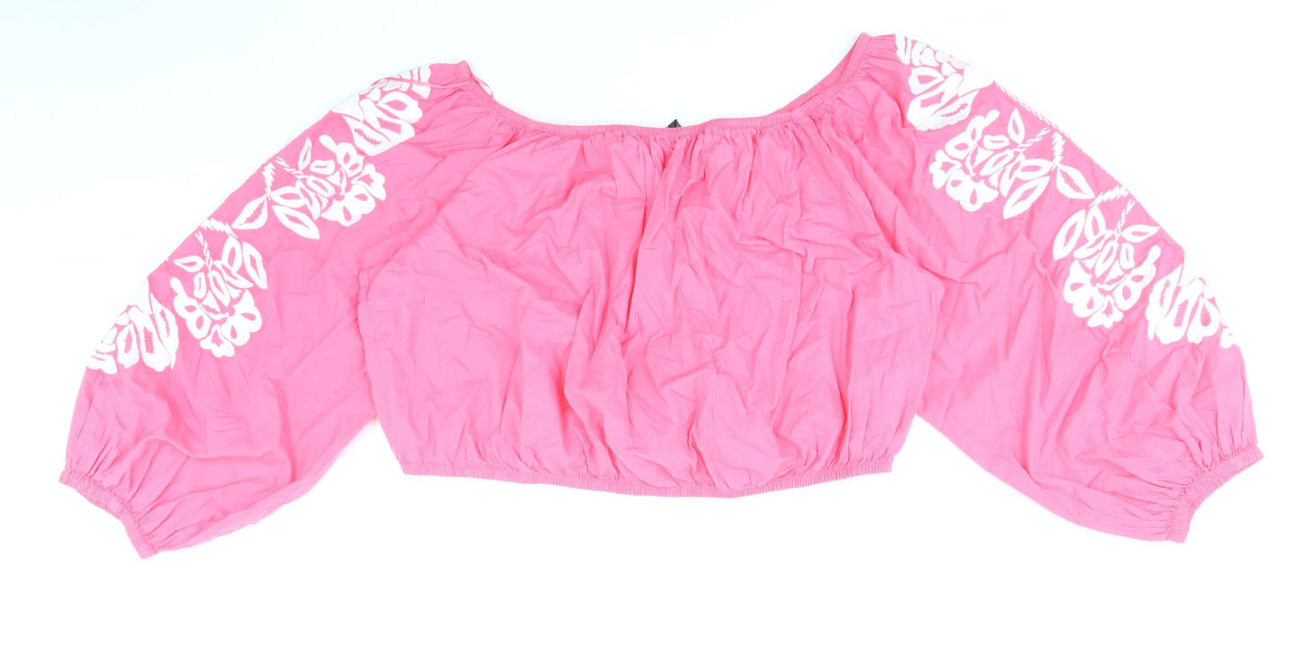 Marks and Spencer Womens Pink 100% Cotton Cropped Blouse Size 20 Boat Neck - Flower Detail