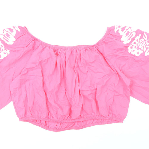 Marks and Spencer Womens Pink 100% Cotton Cropped Blouse Size 20 Boat Neck - Flower Detail