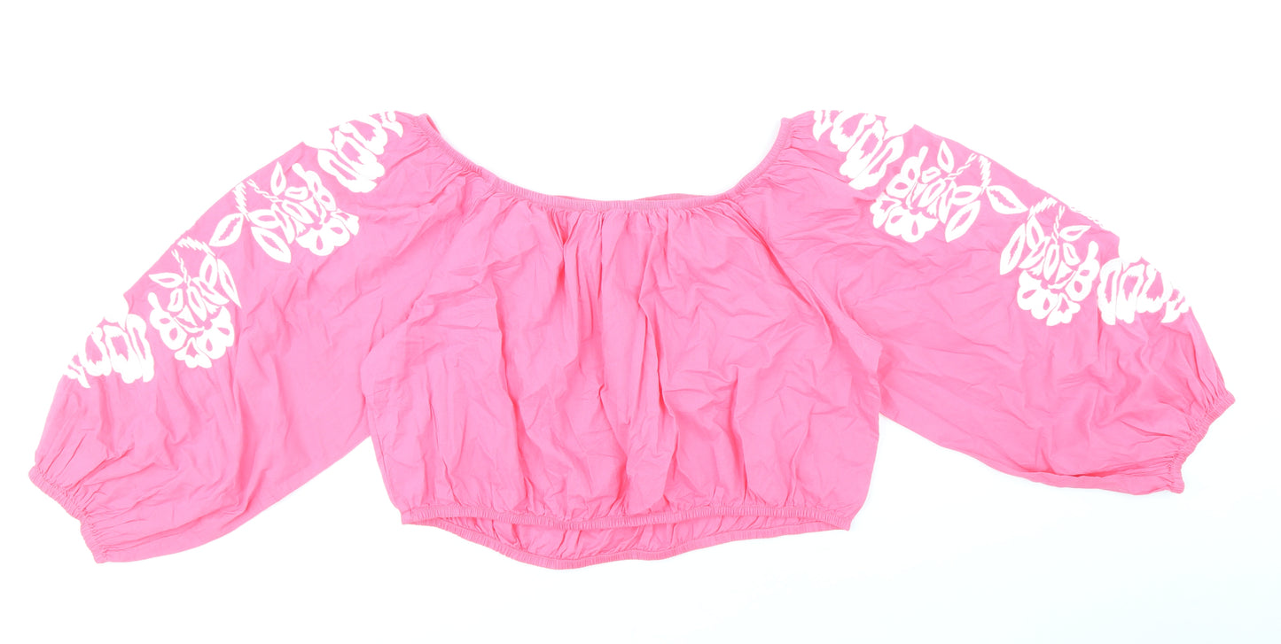 Marks and Spencer Womens Pink 100% Cotton Cropped Blouse Size 20 Boat Neck - Flower Detail