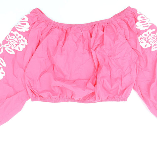 Marks and Spencer Womens Pink 100% Cotton Cropped Blouse Size 16 Boat Neck - Flower Detail