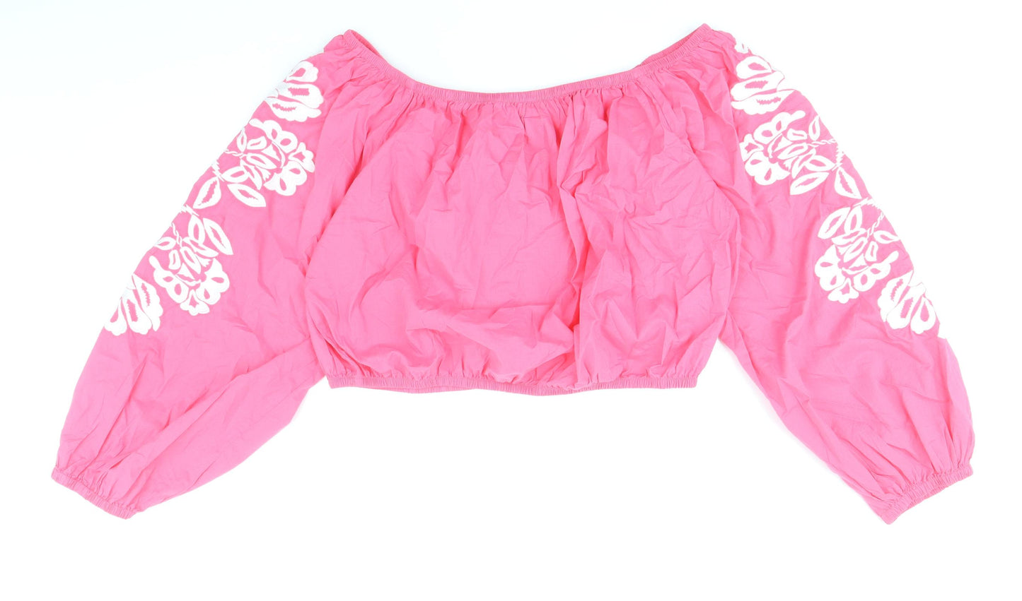 Marks and Spencer Womens Pink 100% Cotton Cropped Blouse Size 16 Boat Neck - Flower Detail