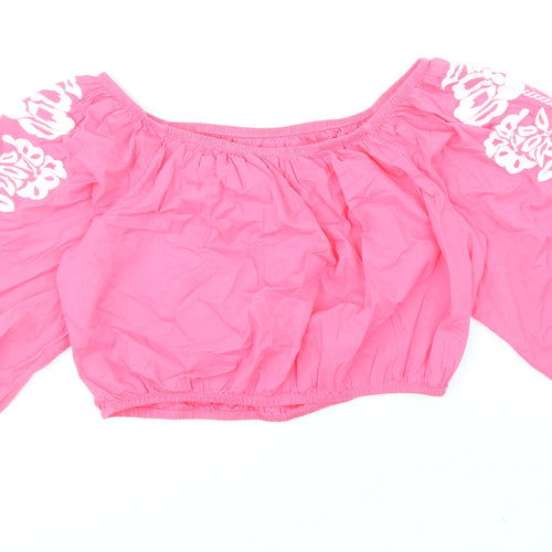 Marks and Spencer Womens Pink 100% Cotton Cropped Blouse Size 16 Boat Neck - Flower Detail