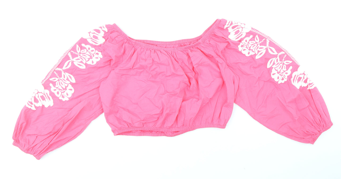 Marks and Spencer Womens Pink 100% Cotton Cropped Blouse Size 16 Boat Neck - Flower Detail