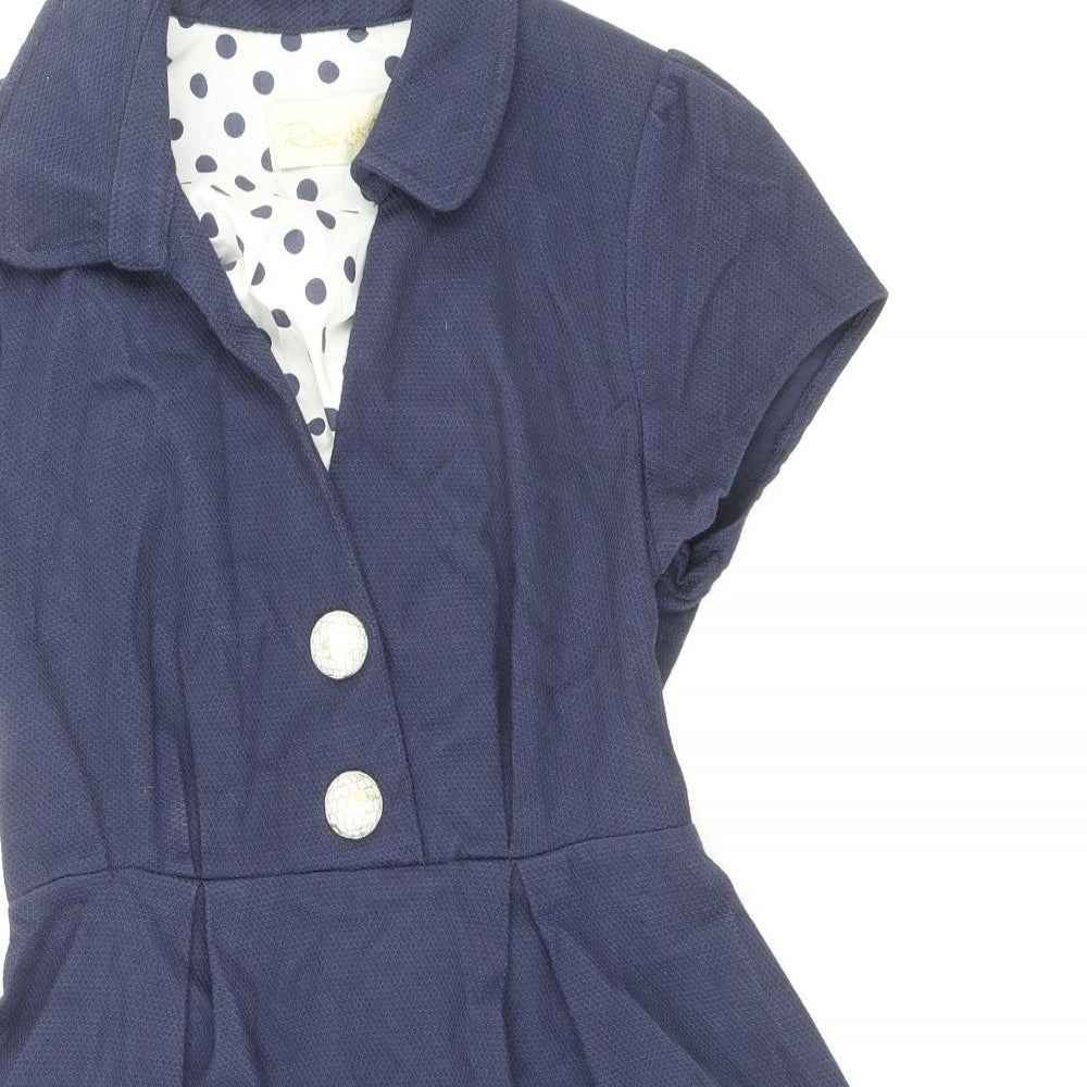 River Island Womens Blue Cotton Skater Dress Size 8 Collared Zip