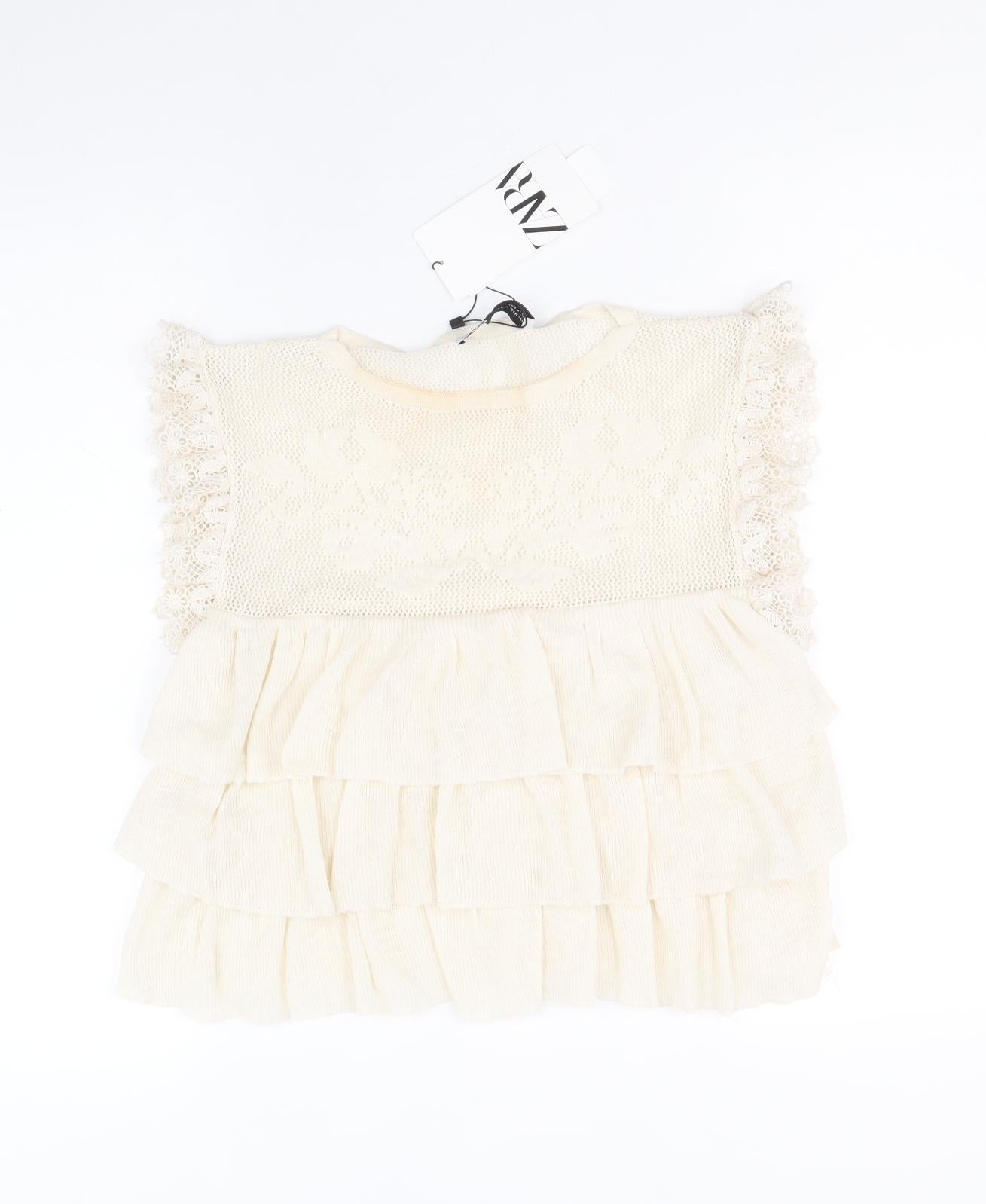 Zara Womens Ivory Polyester Cropped Blouse Size M Round Neck