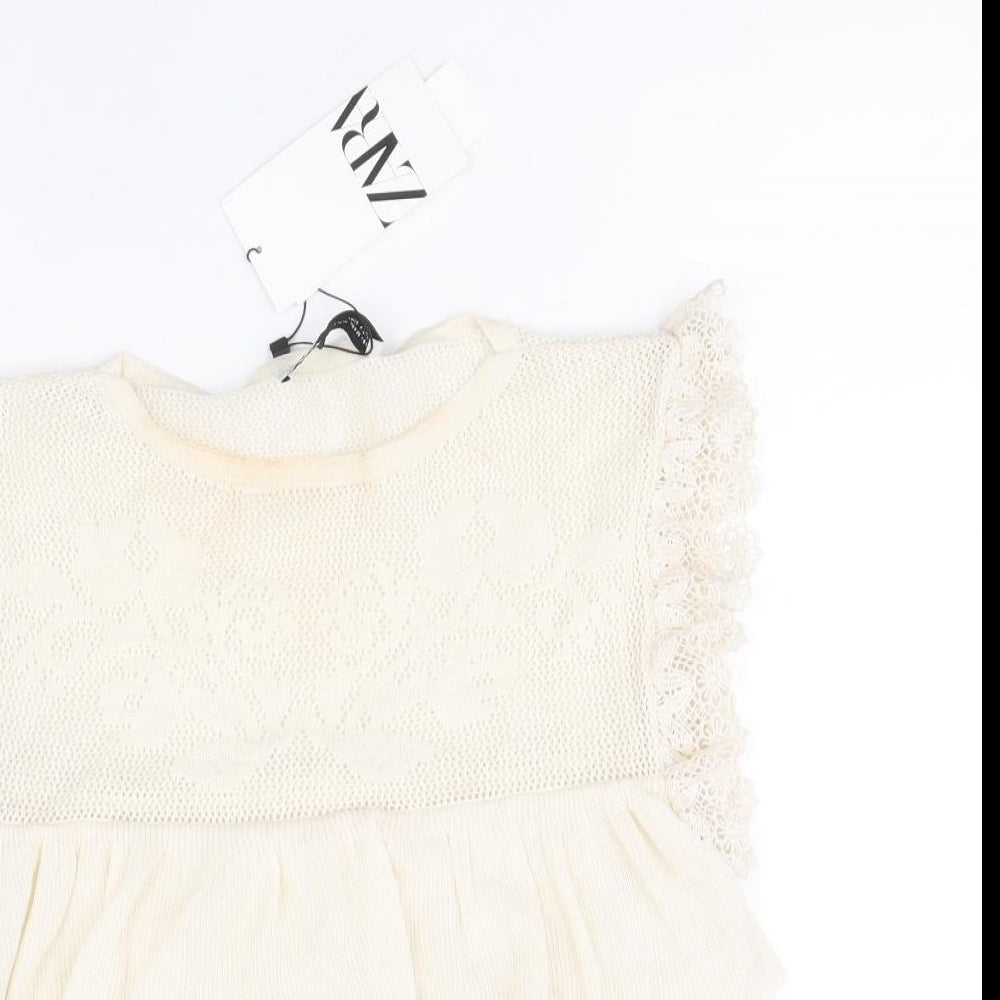 Zara Womens Ivory Polyester Cropped Blouse Size M Round Neck