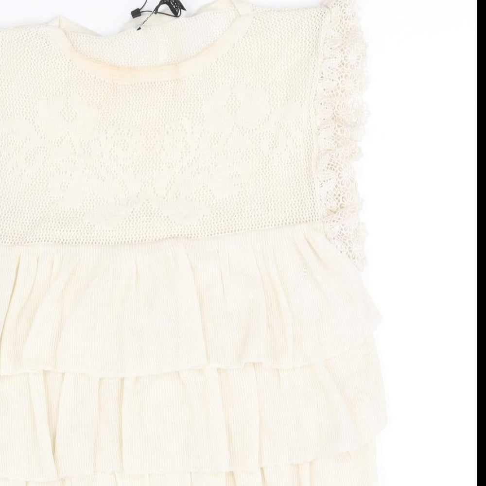 Zara Womens Ivory Polyester Cropped Blouse Size M Round Neck