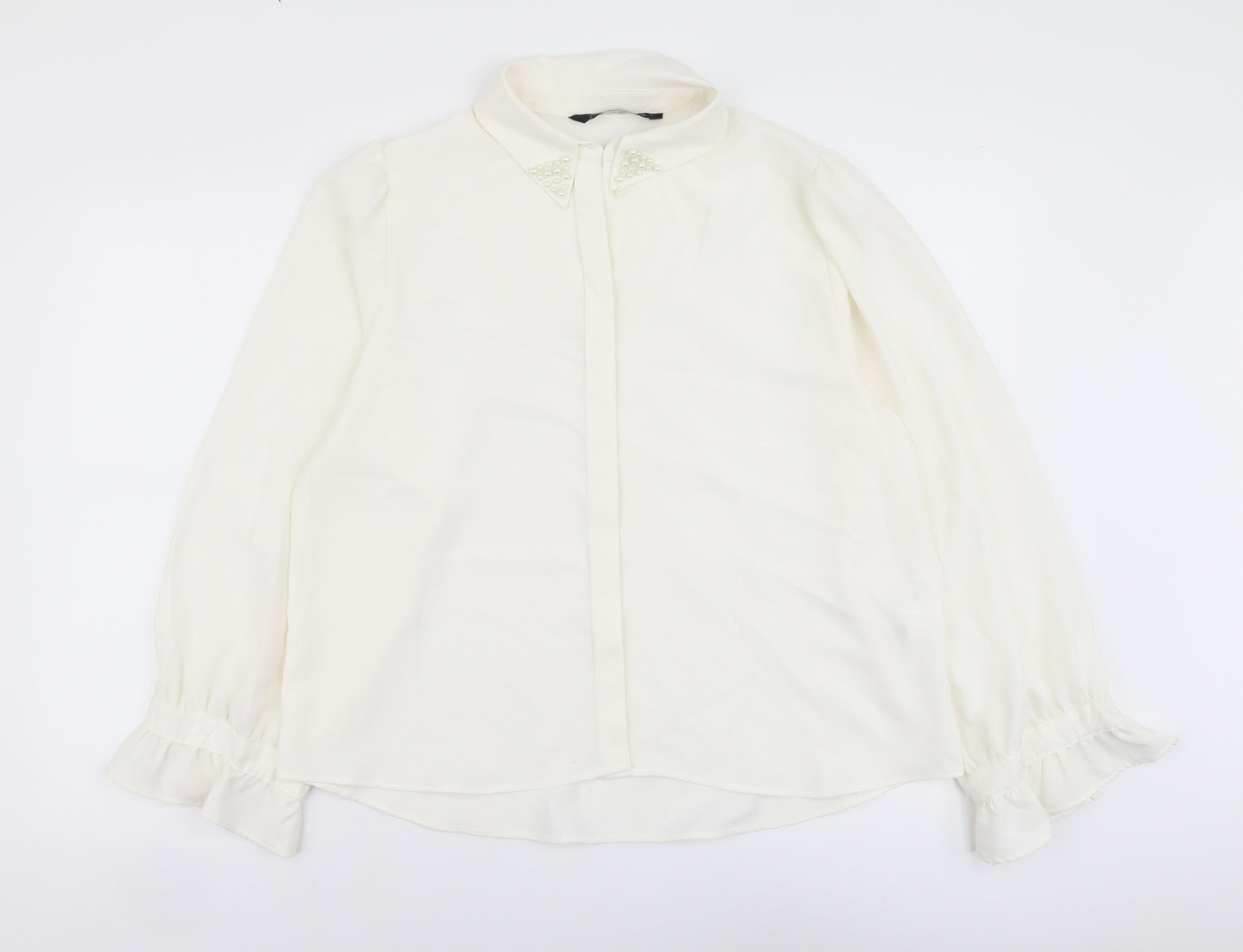 Zara Womens Ivory Polyester Basic Button-Up Size XL Collared - Pearl Detail