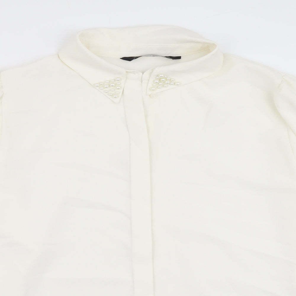 Zara Womens Ivory Polyester Basic Button-Up Size XL Collared - Pearl Detail