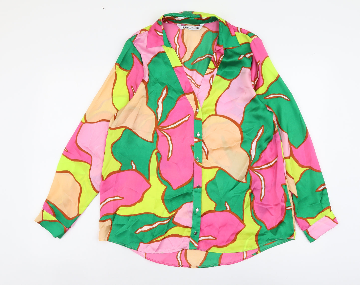 Zara Womens Multicoloured Geometric Polyester Basic Button-Up Size M Collared