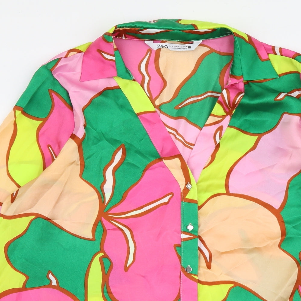 Zara Womens Multicoloured Geometric Polyester Basic Button-Up Size M Collared