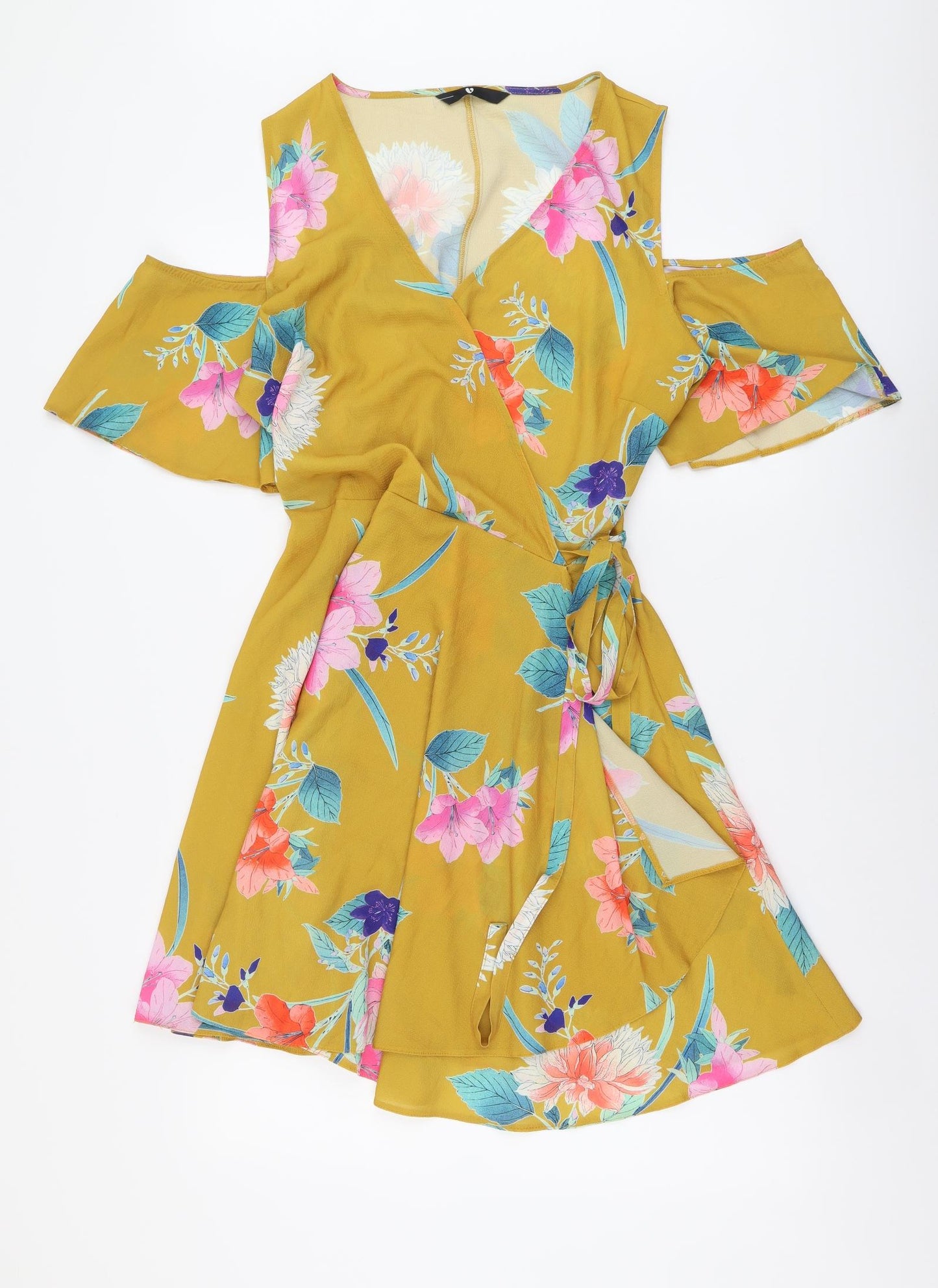 By Very Womens Yellow Floral Polyester Fit & Flare Size 16 V-Neck Pullover - Cold Shoulder