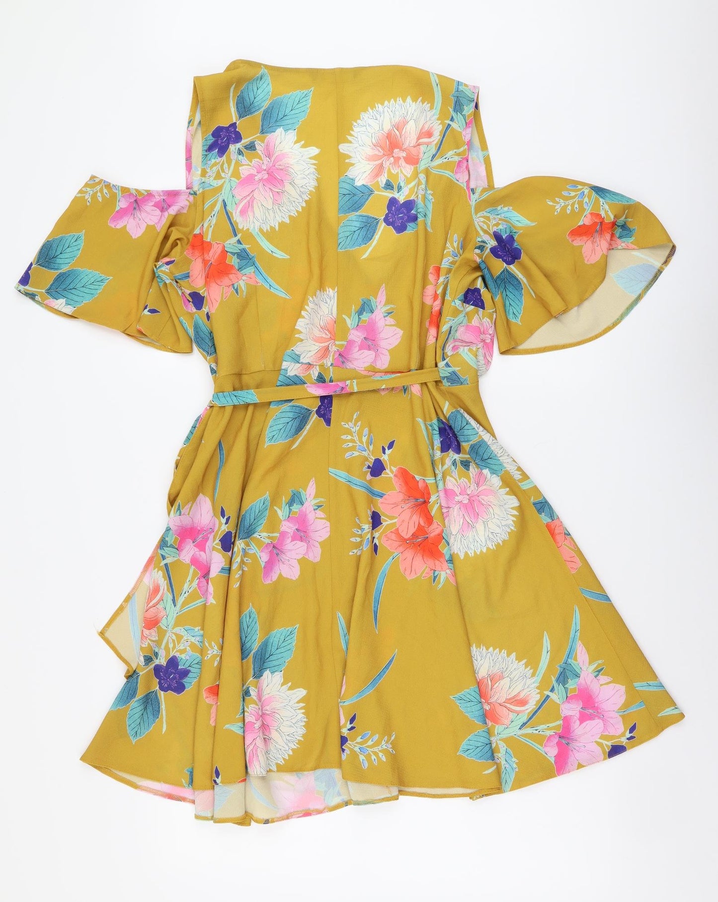 By Very Womens Yellow Floral Polyester Fit & Flare Size 16 V-Neck Pullover - Cold Shoulder