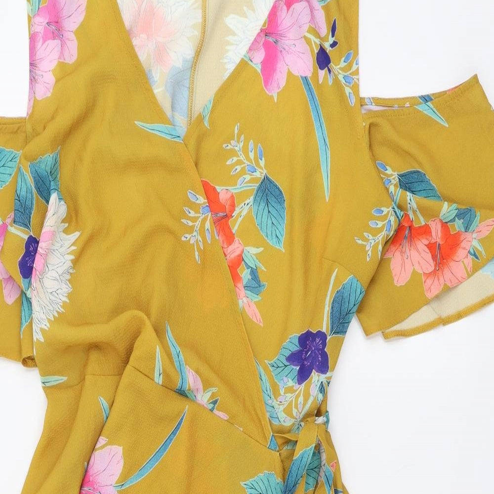 By Very Womens Yellow Floral Polyester Fit & Flare Size 16 V-Neck Pullover - Cold Shoulder