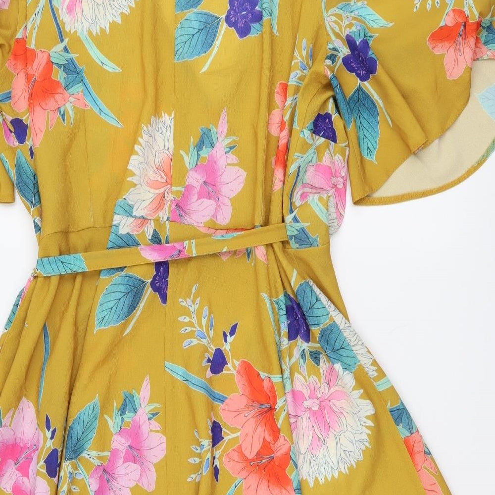 By Very Womens Yellow Floral Polyester Fit & Flare Size 16 V-Neck Pullover - Cold Shoulder