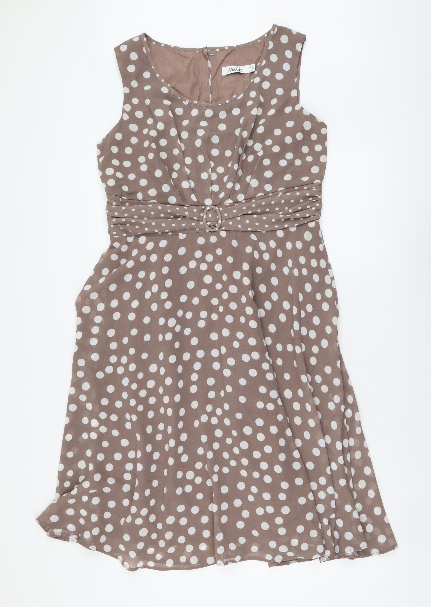 M&Co Womens Beige Polka Dot Polyester A-Line Size 16 Boat Neck Zip
