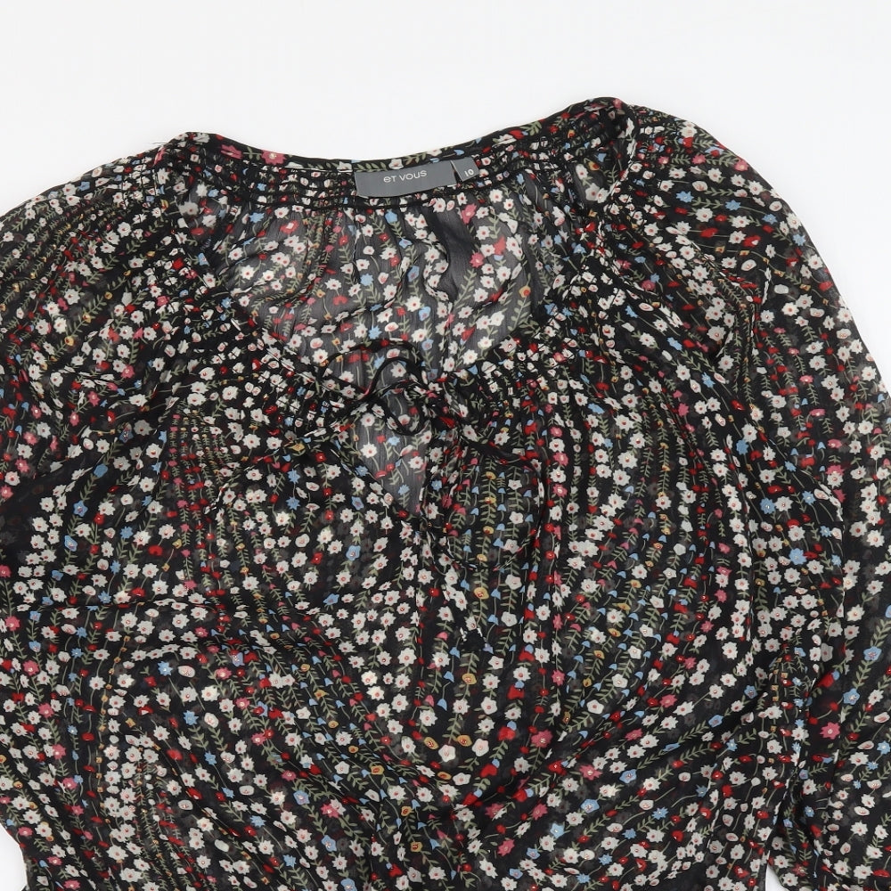 et vous Womens Black Floral Polyester Basic Blouse Size 10 Scoop Neck - Tie Neck