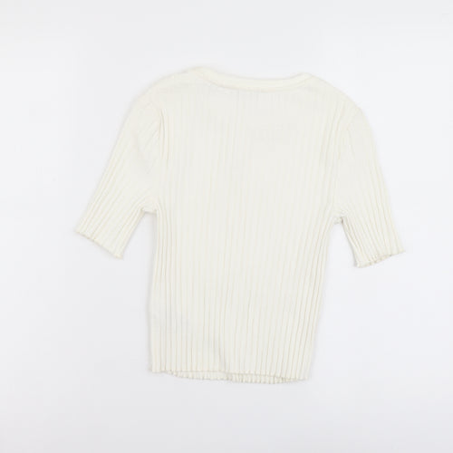 Marks and Spencer Womens Ivory Cotton Basic T-Shirt Size 10 Scoop Neck - Ribbed
