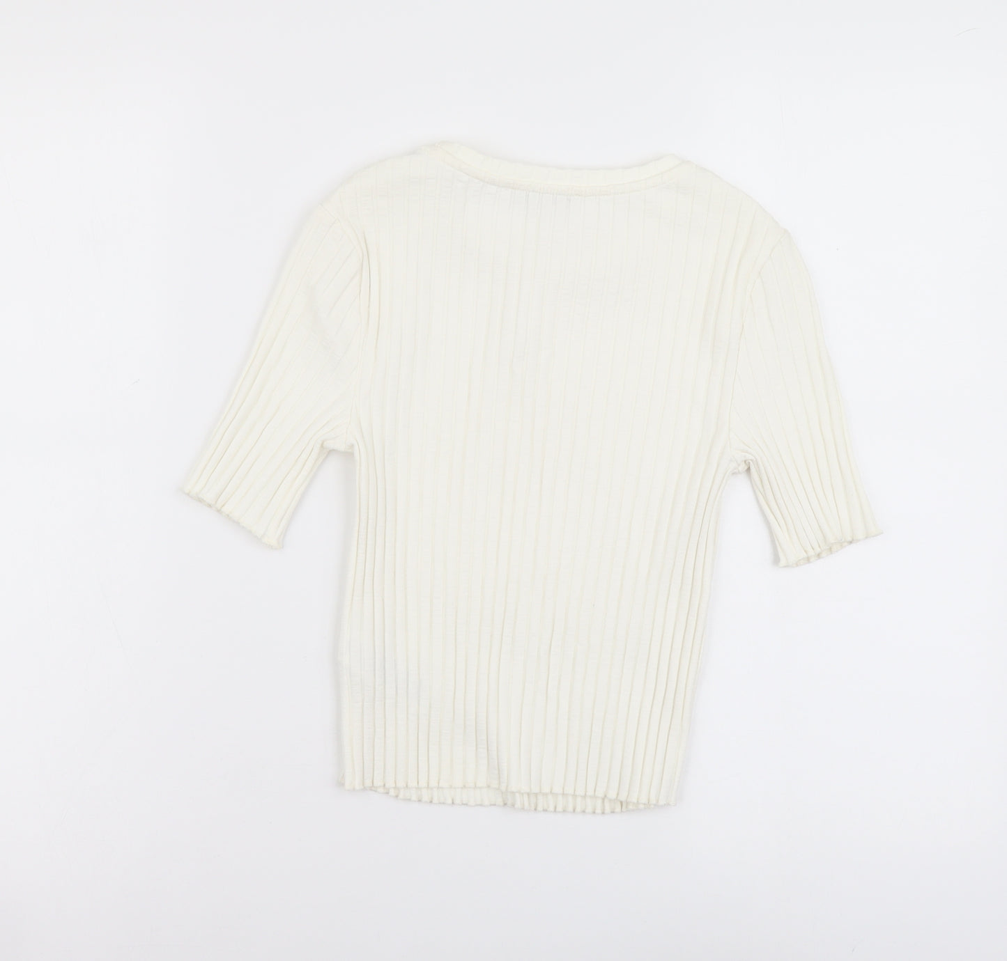 Marks and Spencer Womens Ivory Cotton Basic T-Shirt Size 10 Scoop Neck - Ribbed