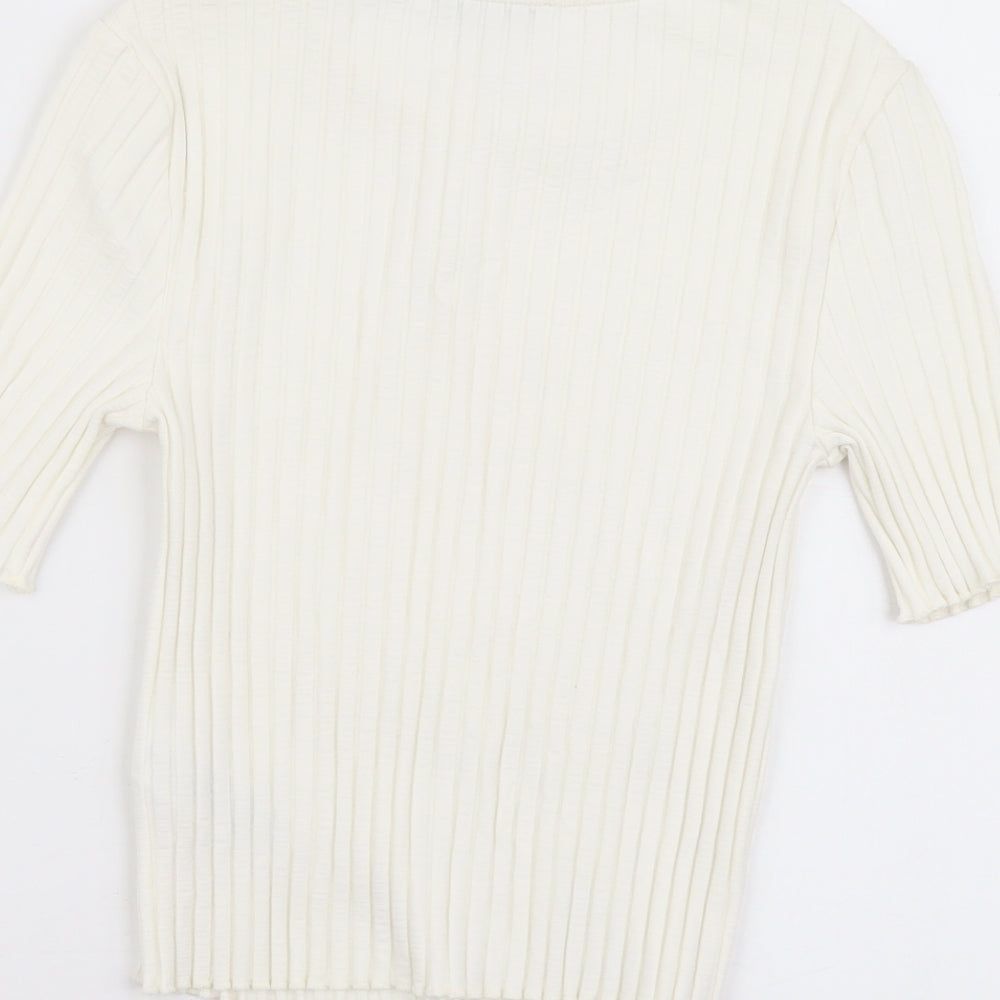 Marks and Spencer Womens Ivory Cotton Basic T-Shirt Size 10 Scoop Neck - Ribbed