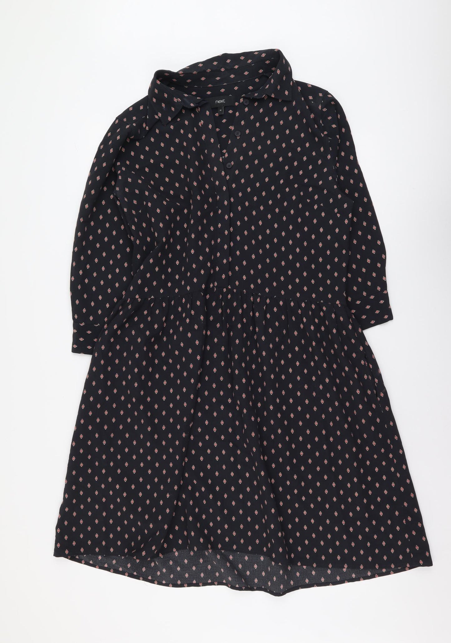 NEXT Womens Black Geometric Polyester Shirt Dress Size 14 Collared Button