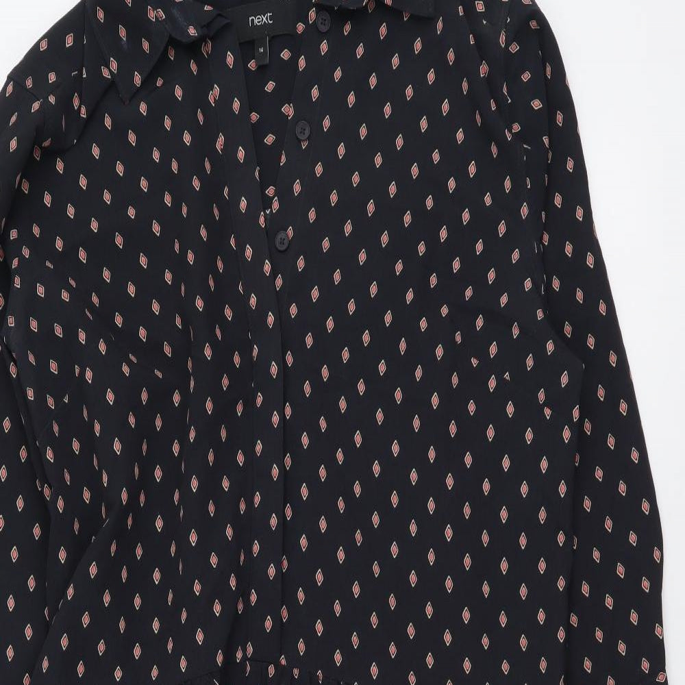 NEXT Womens Black Geometric Polyester Shirt Dress Size 14 Collared Button