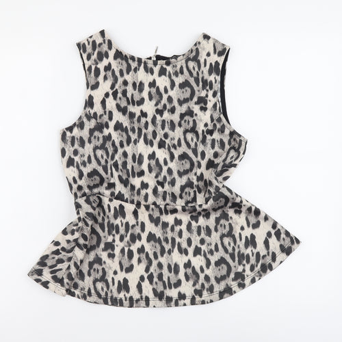 Definitions Womens Beige Animal Print Polyester Basic Tank Size 10 Scoop Neck - Leopard Print Cut Out Back Detail, Peplum