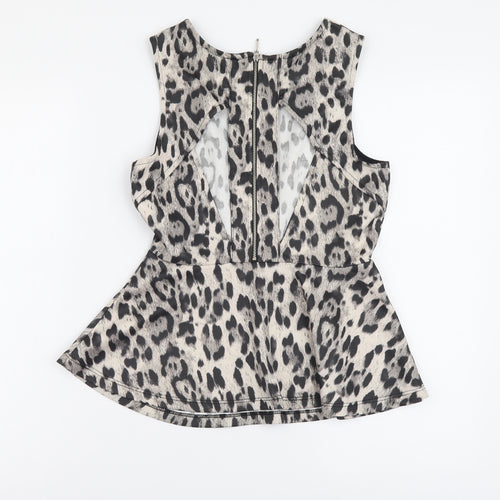 Definitions Womens Beige Animal Print Polyester Basic Tank Size 10 Scoop Neck - Leopard Print Cut Out Back Detail, Peplum