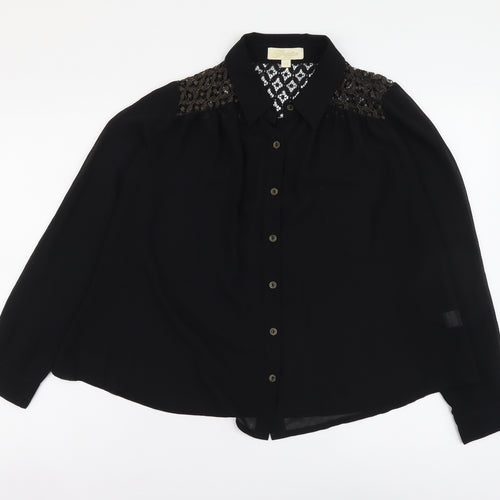Goldie London Womens Black Polyester Cropped Button-Up Size S V-Neck - Lace detail on back
