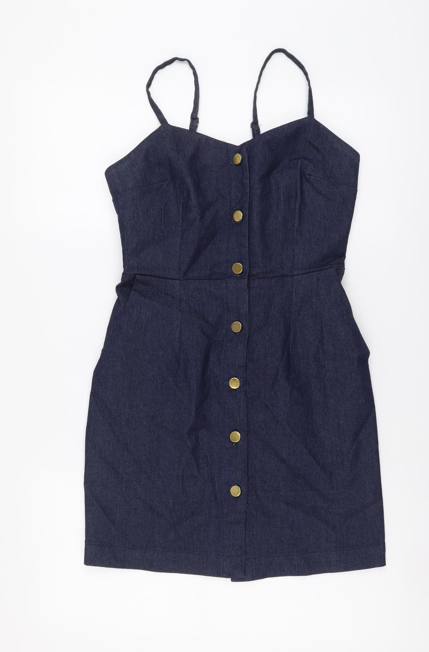 Valley Dolls Womens Blue Cotton Mini Size 10 V-Neck Button - Shirred Back