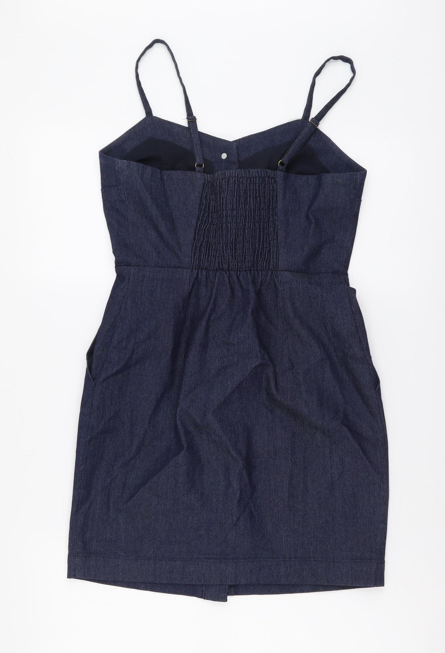 Valley Dolls Womens Blue Cotton Mini Size 10 V-Neck Button - Shirred Back