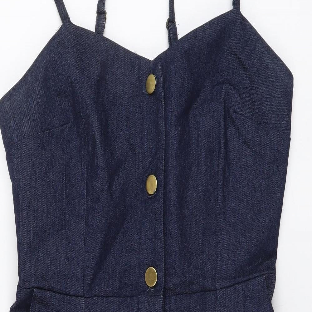 Valley Dolls Womens Blue Cotton Mini Size 10 V-Neck Button - Shirred Back