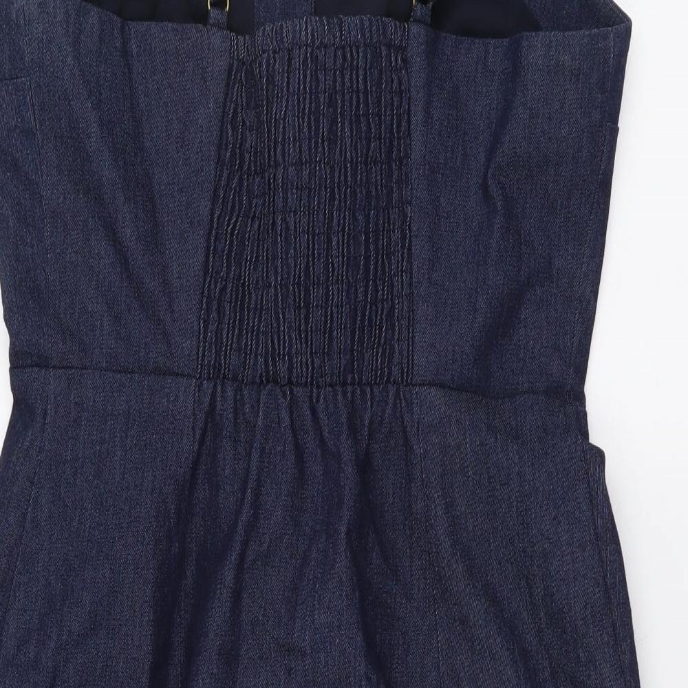 Valley Dolls Womens Blue Cotton Mini Size 10 V-Neck Button - Shirred Back