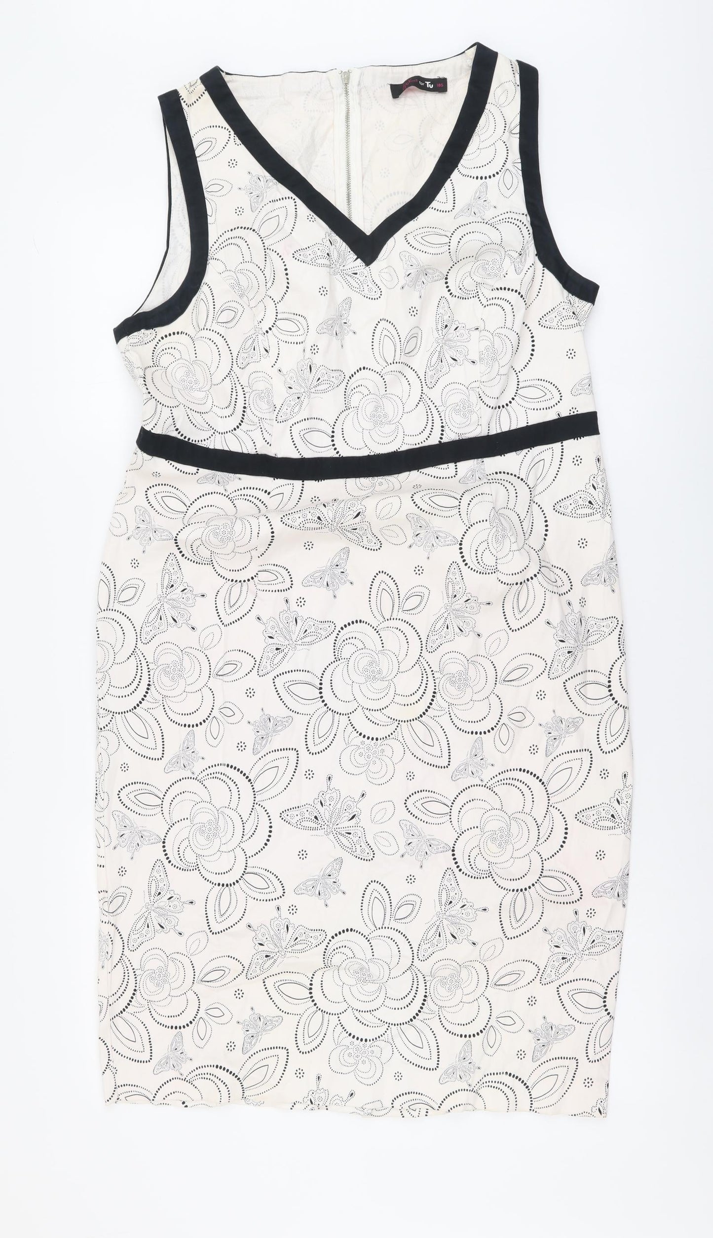 TU Womens Beige Floral Cotton Pencil Dress Size 18 V-Neck Zip - Contrasting Trim