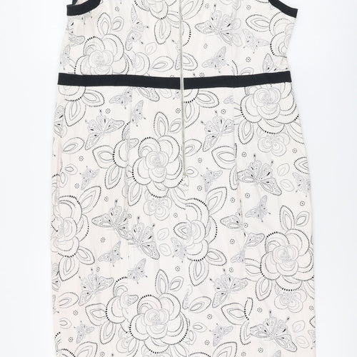TU Womens Beige Floral Cotton Pencil Dress Size 18 V-Neck Zip - Contrasting Trim