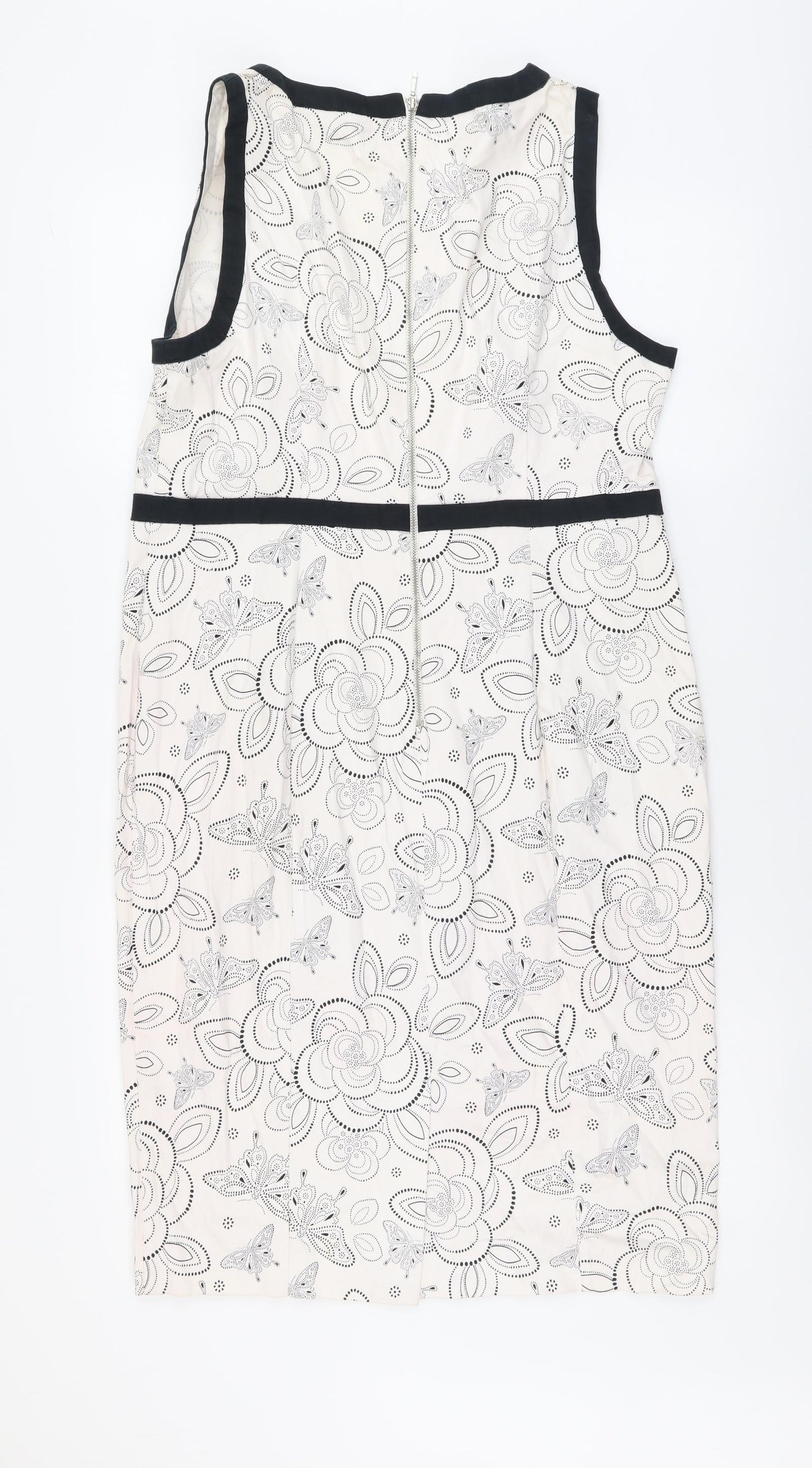 TU Womens Beige Floral Cotton Pencil Dress Size 18 V-Neck Zip - Contrasting Trim
