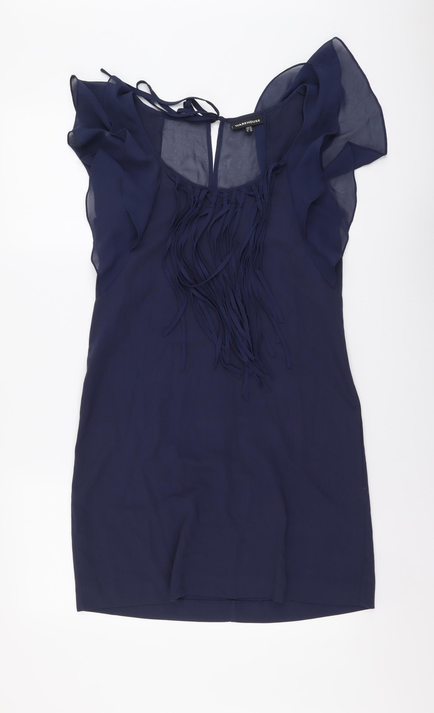 Warehouse Womens Blue Bamboo Shift Size 10 Round Neck Tie
