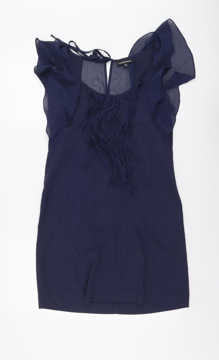 Warehouse Womens Blue Bamboo Shift Size 10 Round Neck Tie